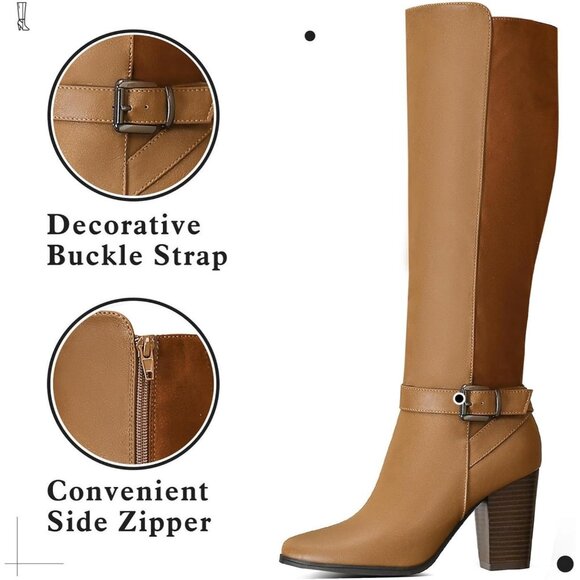 Women's Heeled Brown Knee High Boots Zip Up Chunky Heel Tall Boots for Womens - Picture 5 of 8